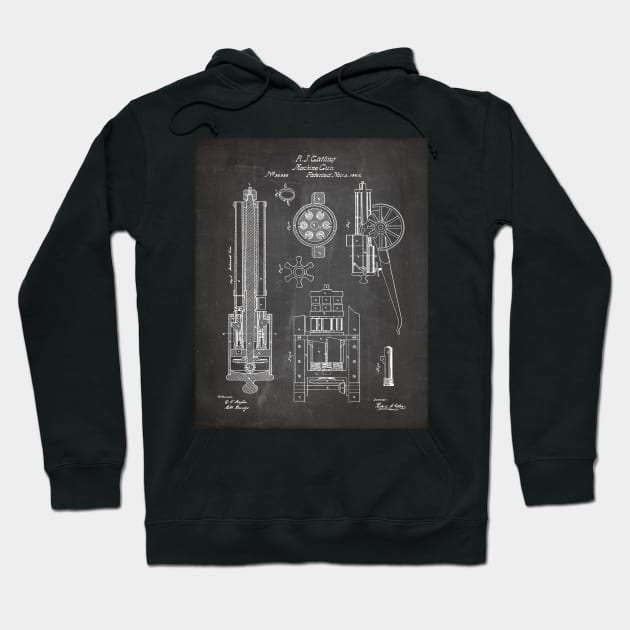 Gatling Machine Gun Patent - Gun Lover Gun Shop Art - Black Chalkboard Hoodie by patentpress